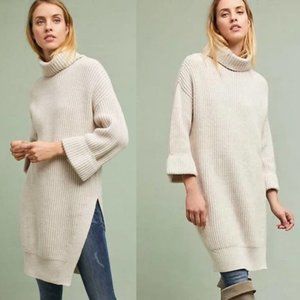 Anthropologie Moth Ivory Ribbed Knit Turtleneck Sweater Dress